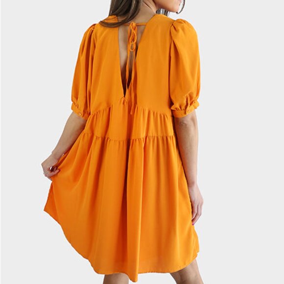 Millennial Pink Tangerine Tiered Puff Sleeve V Neck Dress - Medium - Picture 8 of 9